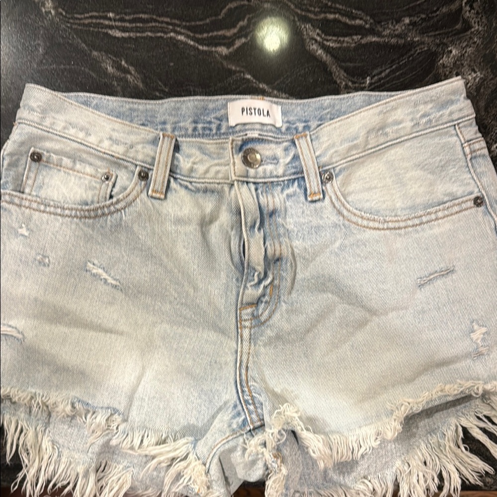 Pistola Blue Distressed Jean Shorts High-Waisted